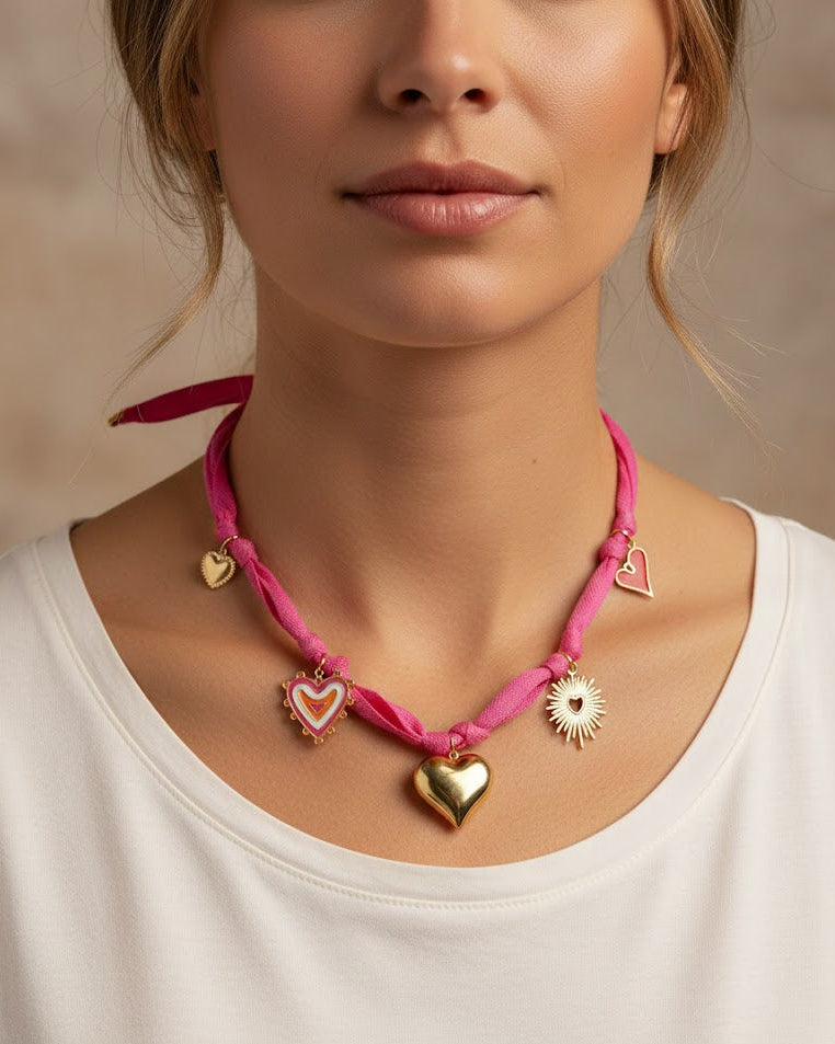 Heart Overdose – Gouden Ketting Dames Fuchsia met Hart & Emaille