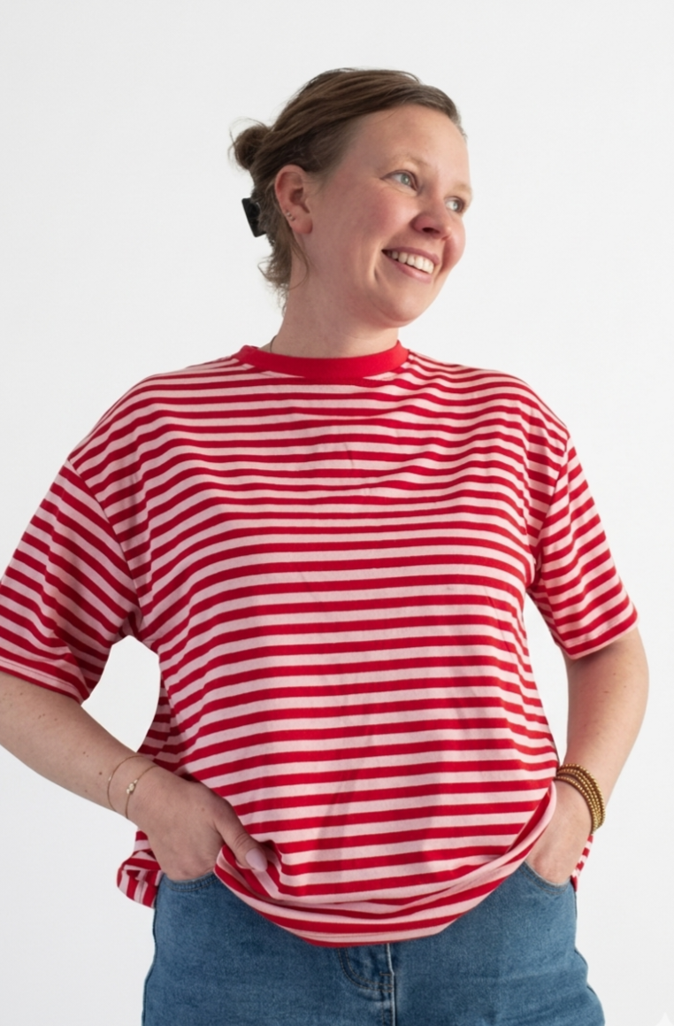 Casual Stripe shortsleeve rood roze