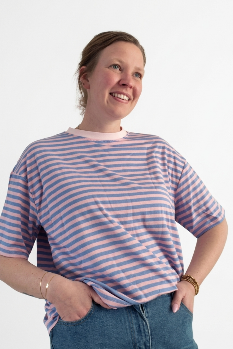 Casual stripe shortsleeve blauw roze
