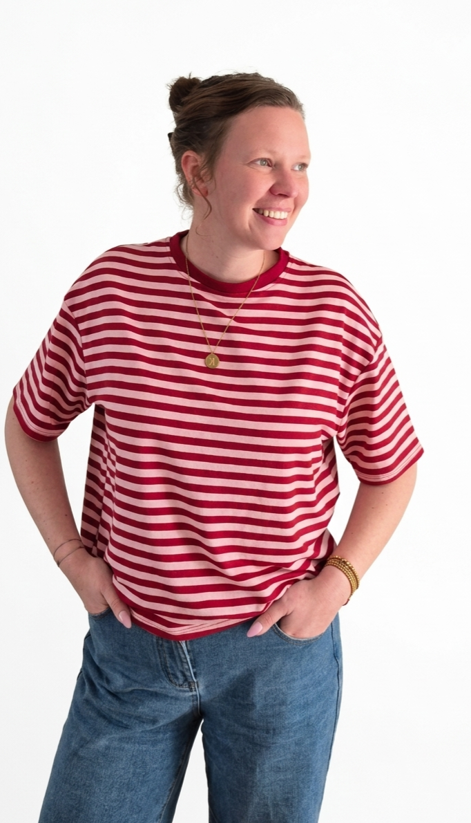 Casual Stripe shortsleeve bordeaux roze